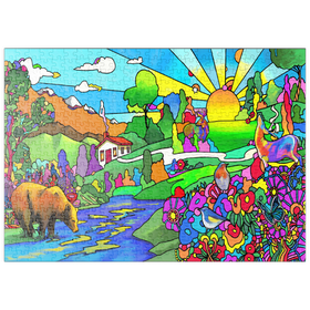 Darstellung des Puzzle Motivs Psychedelische Naturillustration – Farbenfrohe Fantasielandschaft mit Tieren - Puzzleteile: 500