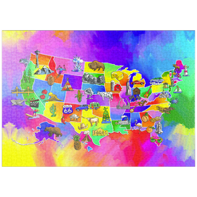 Darstellung des Puzzle-Motivs Bunte USA-Karte – Sehenswürdigkeiten & Symbole der Bundesstaaten – Puzzleteile: 1000