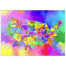 Darstellung des Puzzle Motivs Bunte USA-Karte – Sehenswürdigkeiten & Symbole der Bundesstaaten - Puzzleteile: 100