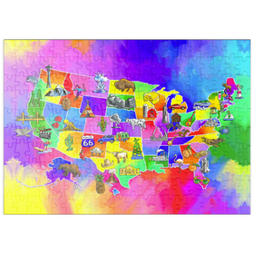 Darstellung des Puzzle-Motivs Bunte USA-Karte – Sehenswürdigkeiten & Symbole der Bundesstaaten – Puzzleteile: 200