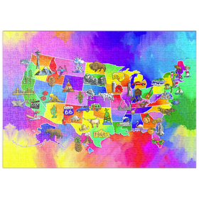 Darstellung des Puzzle-Motivs Bunte USA-Karte – Sehenswürdigkeiten & Symbole der Bundesstaaten – Puzzleteile: 500