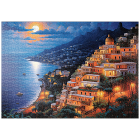 Darstellung des Puzzle Motivs Mondnacht über Positano – Romantische Küstenlandschaft in Italien - Puzzleteile: 1000
