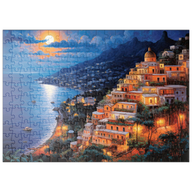 Darstellung des Puzzle Motivs Mondnacht über Positano – Romantische Küstenlandschaft in Italien - Puzzleteile: 200