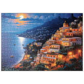 Darstellung des Puzzle Motivs Mondnacht über Positano – Romantische Küstenlandschaft in Italien - Puzzleteile: 500