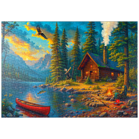 Darstellung des Puzzle Motivs Blockhütte am See – Wilder Westen Naturidylle - Puzzleteile: 1000