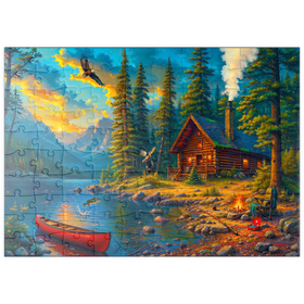 Darstellung des Puzzle Motivs Blockhütte am See – Wilder Westen Naturidylle - Puzzleteile: 100
