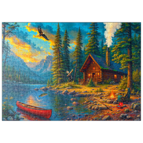 Darstellung des Puzzle Motivs Blockhütte am See – Wilder Westen Naturidylle - Puzzleteile: 500