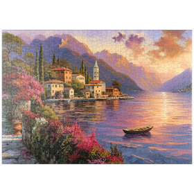 Darstellung des Puzzle-Motivs Sonnenuntergang am Comer See – Romantische Landschaft in Italien – Puzzleteile: 1000