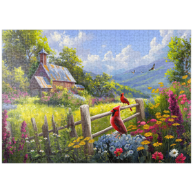 Darstellung des Puzzle-Motivs Rote Kardinäle auf Blumenwiese – Ländliche Idylle – Puzzleteile: 1000