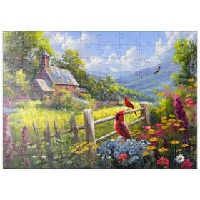 Darstellung des Puzzle Motivs Rote Kardinäle auf Blumenwiese – Ländliche Idylle - Puzzleteile: 100