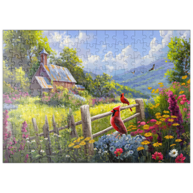 Darstellung des Puzzle Motivs Rote Kardinäle auf Blumenwiese – Ländliche Idylle - Puzzleteile: 200