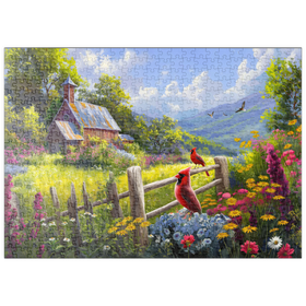 Darstellung des Puzzle Motivs Rote Kardinäle auf Blumenwiese – Ländliche Idylle - Puzzleteile: 500