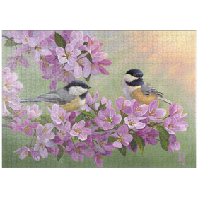 Darstellung des Puzzle-Motivs Zwei Meisen auf blühendem Kirschbaum – Frühlingsidylle – Puzzleteile: 1000