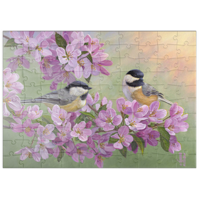Darstellung des Puzzle Motivs Zwei Meisen auf blühendem Kirschbaum – Frühlingsidylle - Puzzleteile: 100