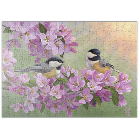 Darstellung des Puzzle-Motivs Zwei Meisen auf blühendem Kirschbaum – Frühlingsidylle – Puzzleteile: 200