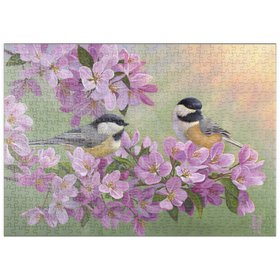 Darstellung des Puzzle-Motivs Zwei Meisen auf blühendem Kirschbaum – Frühlingsidylle – Puzzleteile: 500