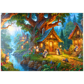 Darstellung des Puzzle Motivs Märchenhaftes Mäusedorf am Waldrand - Puzzleteile: 1000