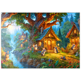 Darstellung des Puzzle Motivs Märchenhaftes Mäusedorf am Waldrand - Puzzleteile: 100
