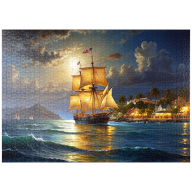 Darstellung des Puzzle Motivs Historisches Segelschiff bei Mondschein auf hoher See - Puzzleteile: 1000