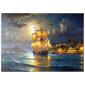 Darstellung des Puzzle Motivs Historisches Segelschiff bei Mondschein auf hoher See - Puzzleteile: 100