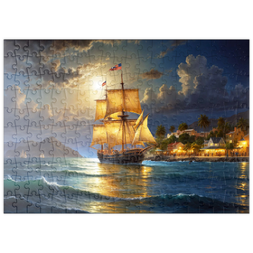 Darstellung des Puzzle Motivs Historisches Segelschiff bei Mondschein auf hoher See - Puzzleteile: 200