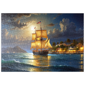Darstellung des Puzzle Motivs Historisches Segelschiff bei Mondschein auf hoher See - Puzzleteile: 500