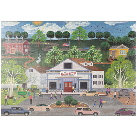 Darstellung des Puzzle-Motivs Idyllisches Kleinstadtleben – Markt und Gemeinschaftsszene – Puzzleteile: 1000