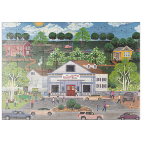 Darstellung des Puzzle Motivs Idyllisches Kleinstadtleben – Markt und Gemeinschaftsszene - Puzzleteile: 100