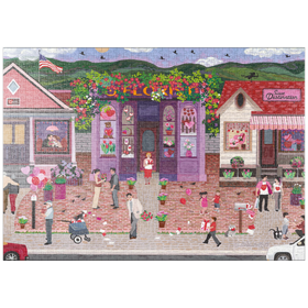 Darstellung des Puzzle-Motivs Romantische Kleinstadt – Valentinstagszauber in der Blumenstraße – Puzzleteile: 1000