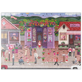 Darstellung des Puzzle-Motivs Romantische Kleinstadt – Valentinstagszauber in der Blumenstraße – Puzzleteile: 200