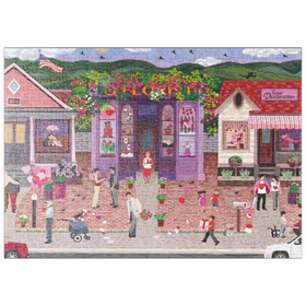 Darstellung des Puzzle Motivs Romantische Kleinstadt – Valentinstagszauber in der Blumenstraße - Puzzleteile: 500