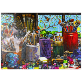 Darstellung des Puzzle-Motivs Kreatives Künstleratelier mit neugieriger Katze – Farbenfrohe Malerei – Puzzleteile: 1000