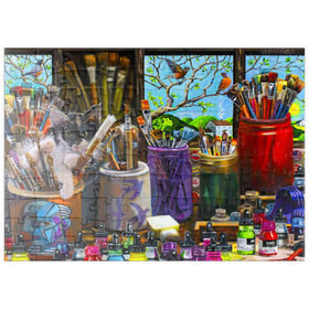 Darstellung des Puzzle Motivs Kreatives Künstleratelier mit neugieriger Katze – Farbenfrohe Malerei - Puzzleteile: 100