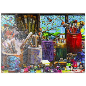Darstellung des Puzzle Motivs Kreatives Künstleratelier mit neugieriger Katze – Farbenfrohe Malerei - Puzzleteile: 200