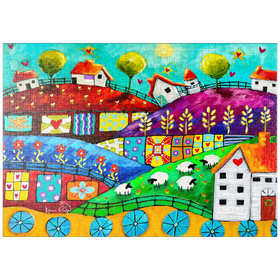 Darstellung des Puzzle-Motivs Bunte Traumlandschaft mit Patchworkfeldern – Kreative Kunst – Puzzleteile: 1000
