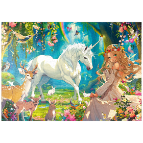 Darstellung des Puzzle Motivs Magisches Einhorn im verwunschenen Wald – Fantasievolle Kunst - Puzzleteile: 1000