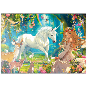 Darstellung des Puzzle Motivs Magisches Einhorn im verwunschenen Wald – Fantasievolle Kunst - Puzzleteile: 100