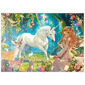 Darstellung des Puzzle Motivs Magisches Einhorn im verwunschenen Wald – Fantasievolle Kunst - Puzzleteile: 200