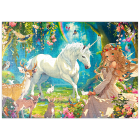 Darstellung des Puzzle Motivs Magisches Einhorn im verwunschenen Wald – Fantasievolle Kunst - Puzzleteile: 500
