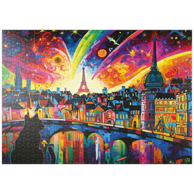 Darstellung des Puzzle-Motivs Pariser Skyline in leuchtenden Farben – Fantasievolle Stadtansicht – Puzzleteile: 1000