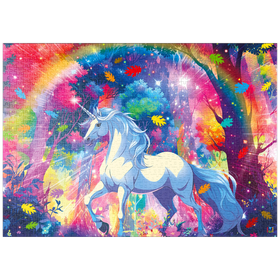 Darstellung des Puzzle-Motivs Magisches Einhorn im Regenbogenwald – Fantasievolle Illustration – Puzzleteile: 1000