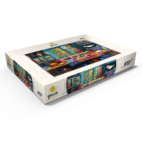 Alternative Darstellung des Puzzle-Motivs Kreatives Handarbeitsatelier mit Blick auf blühenden Garten – Puzzleteile: 1000
