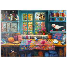 Darstellung des Puzzle-Motivs Kreatives Handarbeitsatelier mit Blick auf blühenden Garten – Puzzleteile: 1000