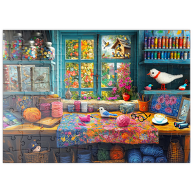 Darstellung des Puzzle Motivs Kreatives Handarbeitsatelier mit Blick auf blühenden Garten - Puzzleteile: 100