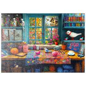 Darstellung des Puzzle Motivs Kreatives Handarbeitsatelier mit Blick auf blühenden Garten - Puzzleteile: 200
