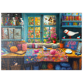 Darstellung des Puzzle Motivs Kreatives Handarbeitsatelier mit Blick auf blühenden Garten - Puzzleteile: 500