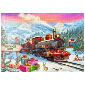 Darstellung des Puzzle-Motivs Weihnachtszug am Nordpol – Festliche Winterlandschaft – Puzzleteile: 1000