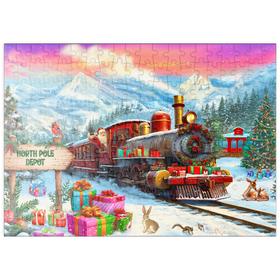 Darstellung des Puzzle-Motivs Weihnachtszug am Nordpol – Festliche Winterlandschaft – Puzzleteile: 200