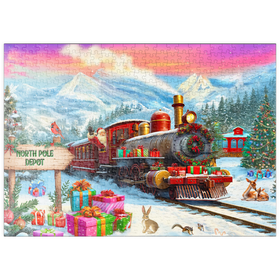 Darstellung des Puzzle-Motivs Weihnachtszug am Nordpol – Festliche Winterlandschaft – Puzzleteile: 500