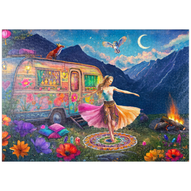 Darstellung des Puzzle-Motivs Mystische Tänzerin unter dem Mond – Boho-Nachtzauber – Puzzleteile: 1000